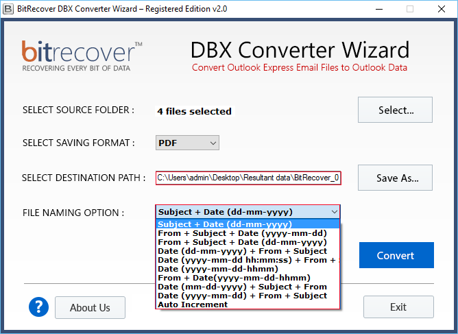 select naming option for every dbx email to pdf